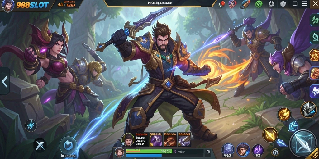 Gameplay seru 988SLOT saat pertarungan intens di arena MOBA.