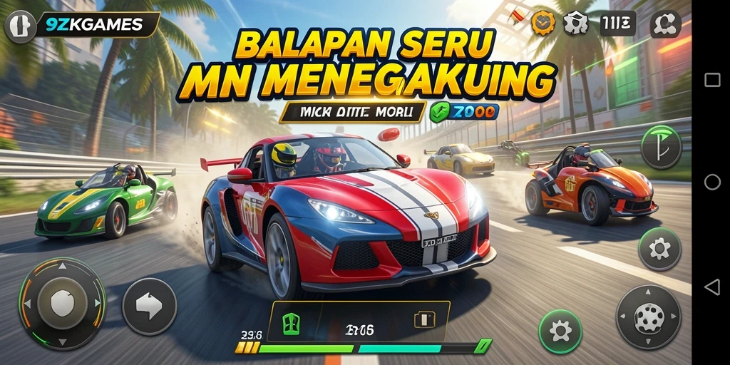 Tampilan balapan seru dalam 9ZKGAMES dengan mobil kencang dan trek menantang.