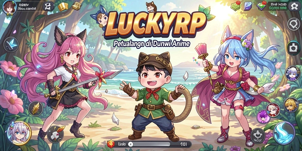 Tangkapan layar gameplay LUCKYRP menampilkan momen seru pertarungan antar karakter anime.