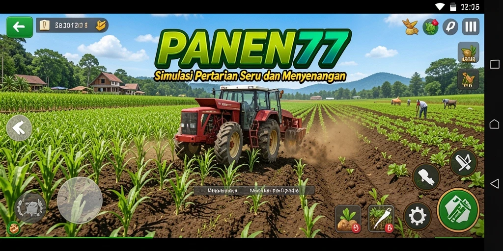 Tampilan gameplay <strong>PANEN77</strong> dengan ladang yang subur dan beragam tanaman.